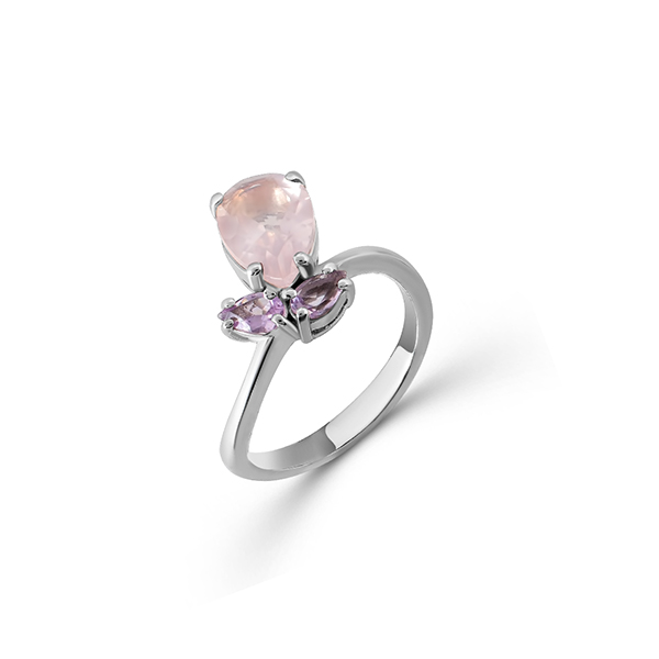 Кольцо с розовым кварцем природным, аметистом природным из Серебра