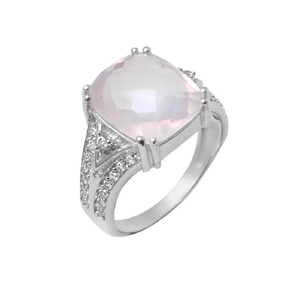 Кольцо с розовым кварцем природным, фианитом из Серебра