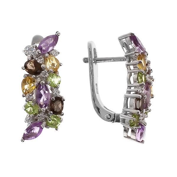 Серьги с аметистом, раухтопазом, фианитом, хризолитом и цитрином из серебра