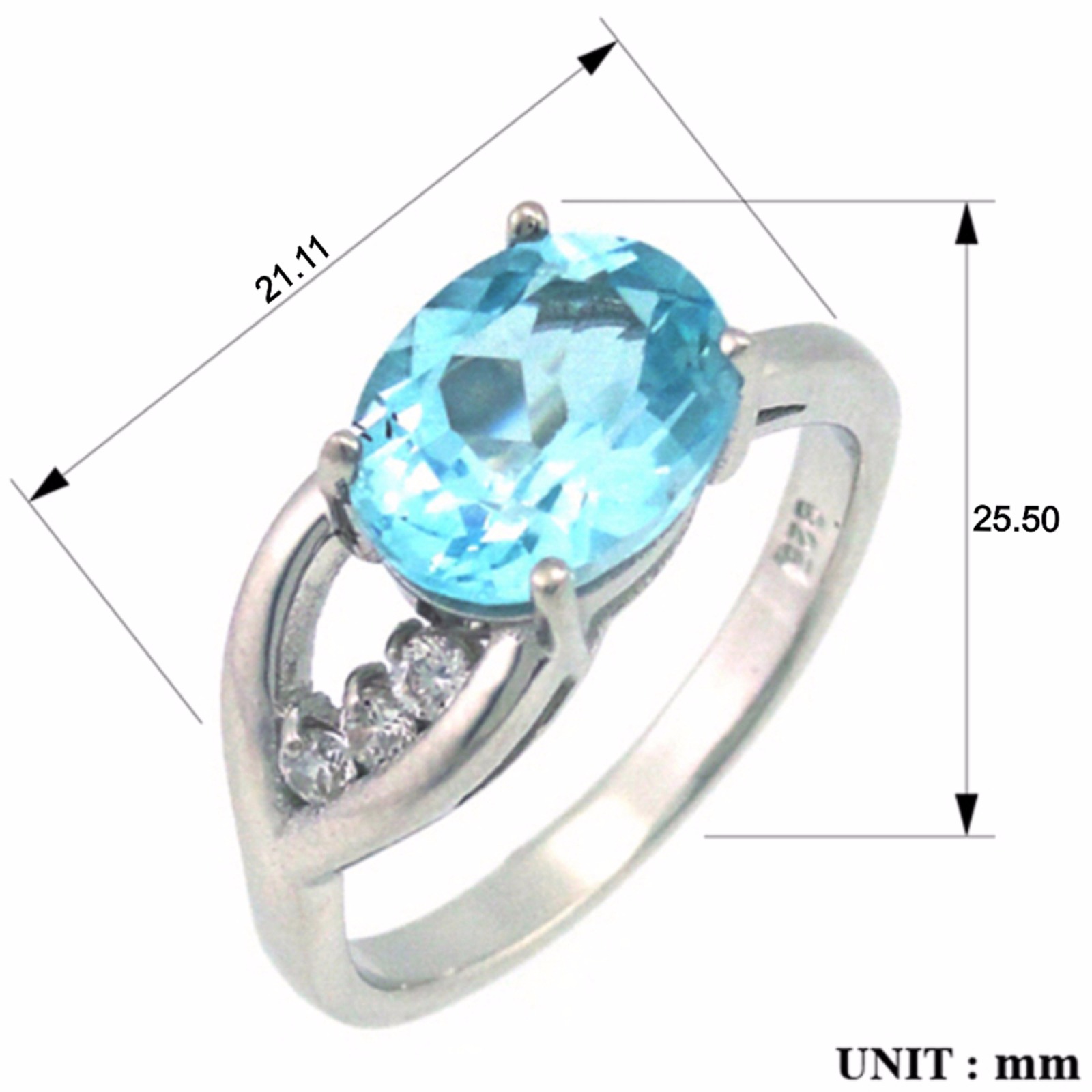 Кольцо с топазом голубым природным, фианитом из Серебра