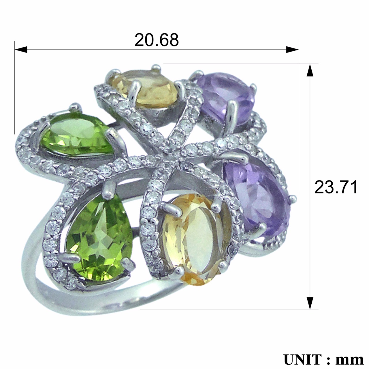 Кольцо с аметистом, фианитом, хризолитом и цитрином из серебра