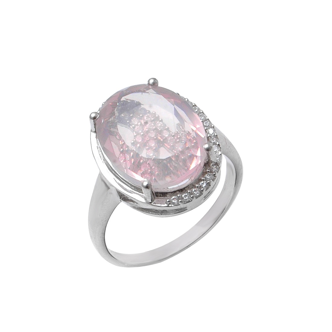 Кольцо с розовым кварцем природным, фианитом из Серебра