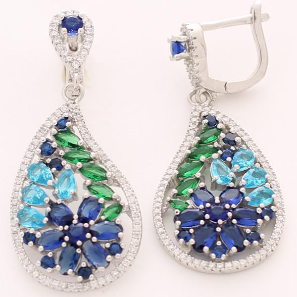 Серьги с изумрудом, сапфиром, топазом и фианитом из серебра