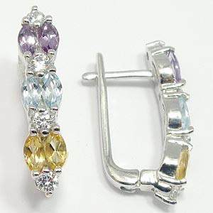 Серьги с аметистом, топазом, фианитом и хризолитом из серебра