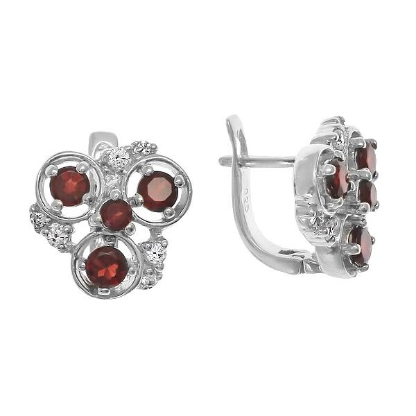 Серьги с гранатом и фианитом из серебра