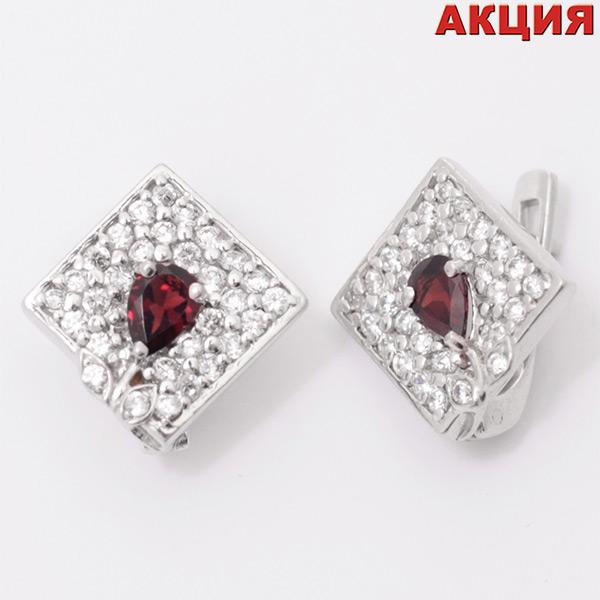 Серьги с гранатом природным и фианитом из Серебра