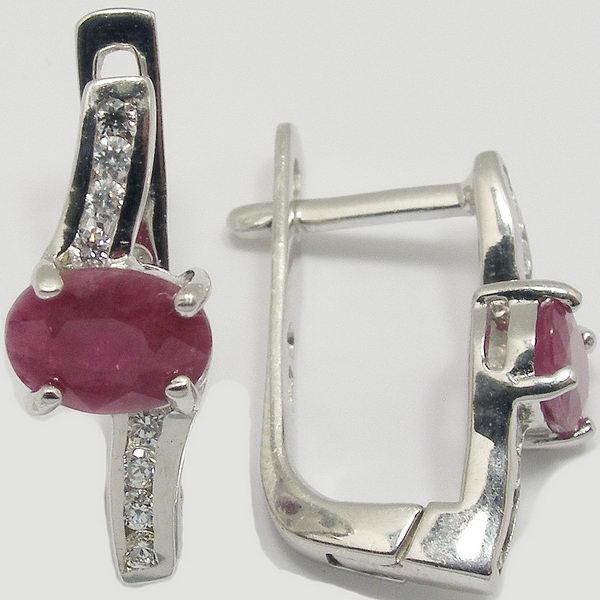 Серьги с рубином корундом и фианитом из Серебра