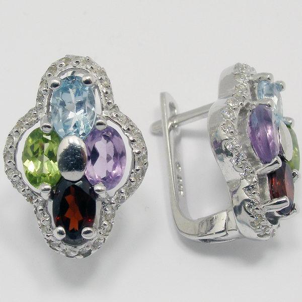 Серьги с аметистом, гранатом, топазом, фианитом и хризолитом из серебра