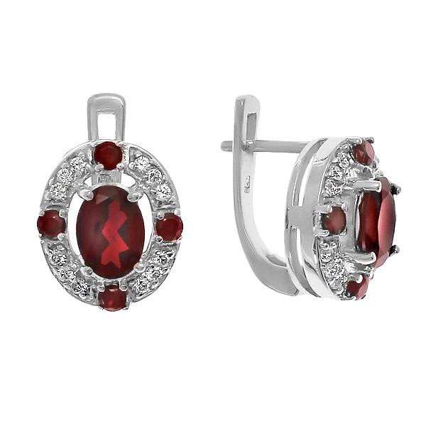 Серьги с гранатом и фианитом из серебра