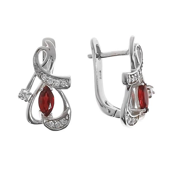 Серьги с гранатом и фианитом из серебра