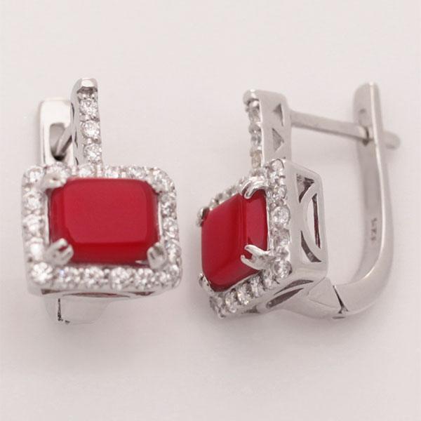 Серьги с кораллом и фианитом из серебра