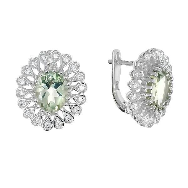 Серьги с аметистом зеленым, фианитом из Серебра