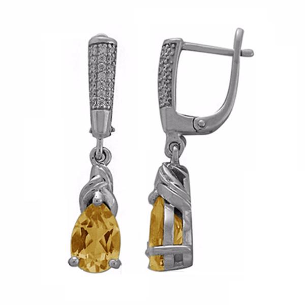 Серьги с фианитом и цитрином из серебра