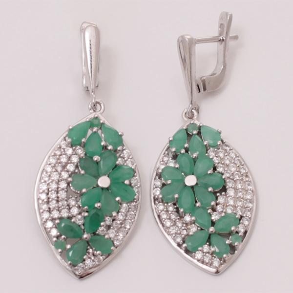Серьги с изумрудом и фианитом из серебра