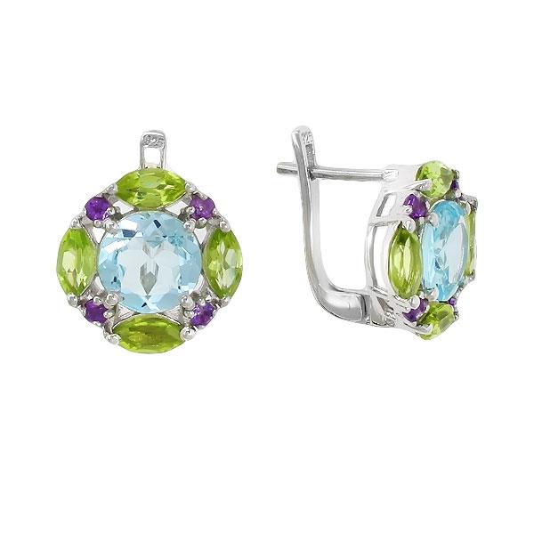 Серьги с аметистом, топазом и хризолитом из серебра