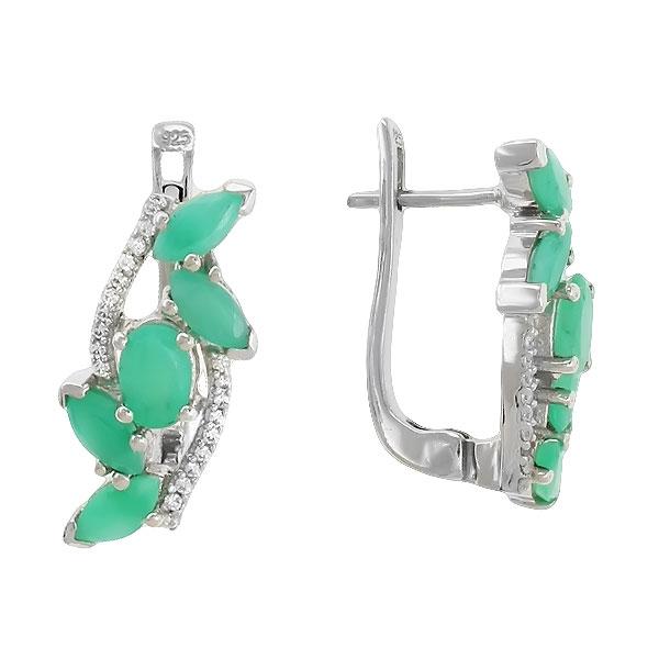 Серьги с изумрудом и фианитом из серебра