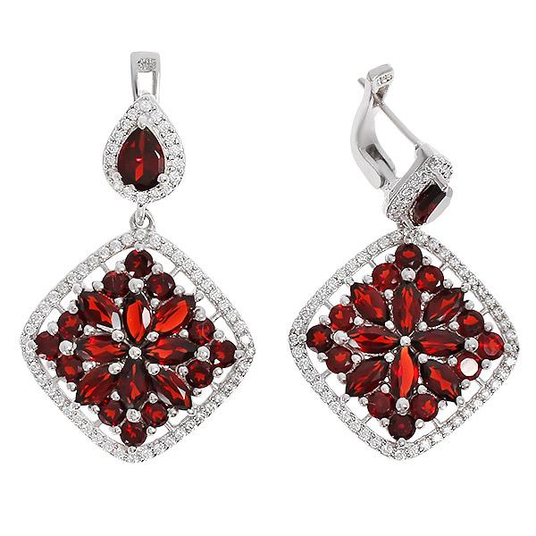 Серьги с гранатом и фианитом из серебра