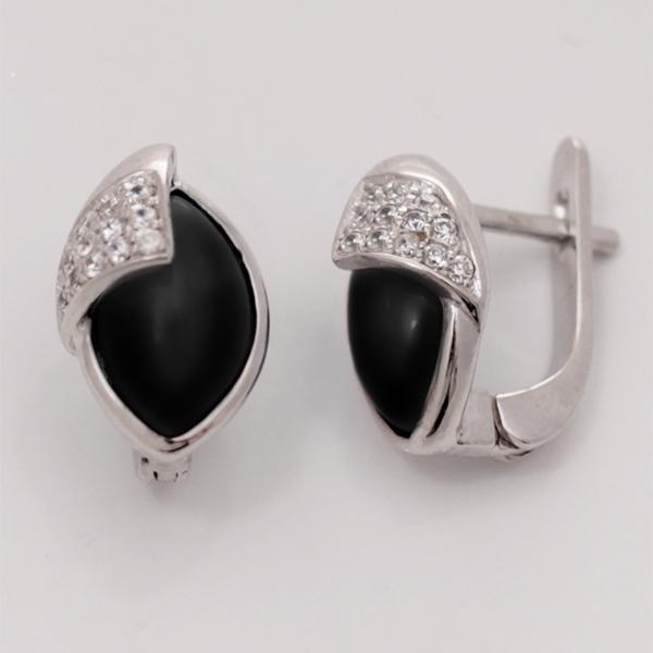 Серьги с ониксом и фианитом из серебра