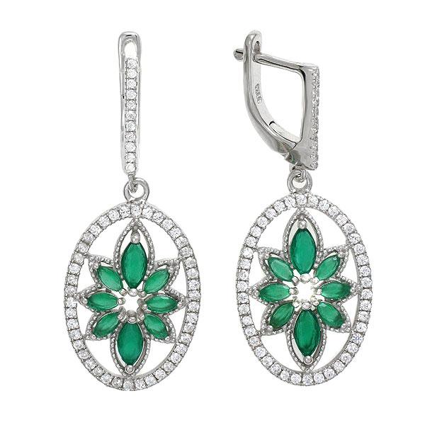 Серьги с изумрудом и фианитом из серебра