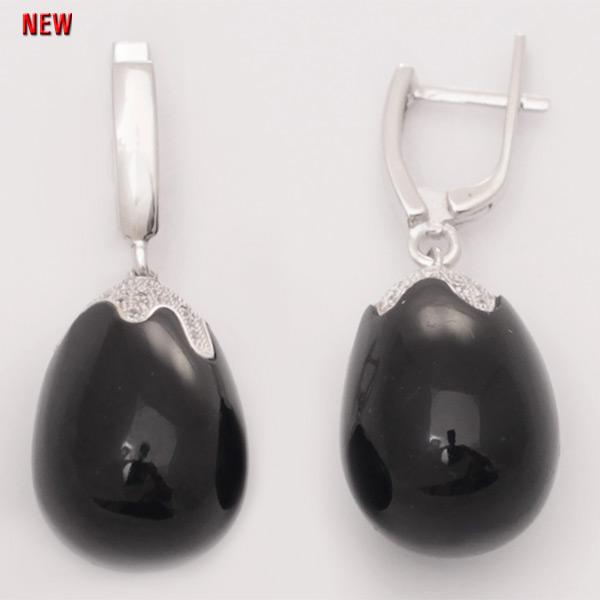 Серьги с ониксом и фианитом из серебра