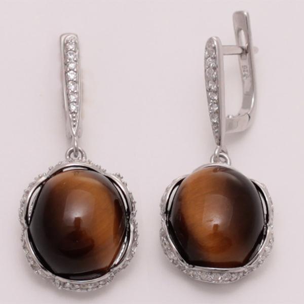 Серьги с тигровым глазом и фианитом из серебра