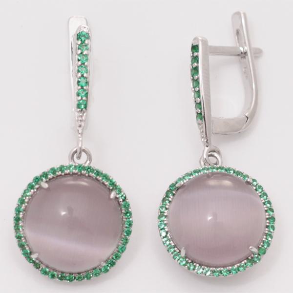 Серьги с жадеитом и кошачьим глазом из серебра