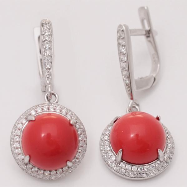 Серьги с кораллом и фианитом из серебра
