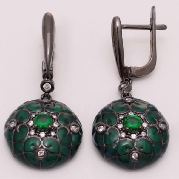 Серьги с изумрудом синтетическим, эмалью, фианитом из Серебра