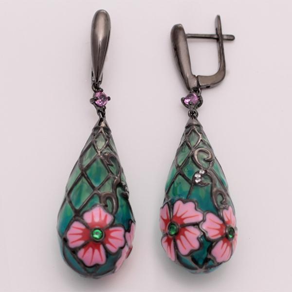 Серьги с фианитом и эмалью из серебра