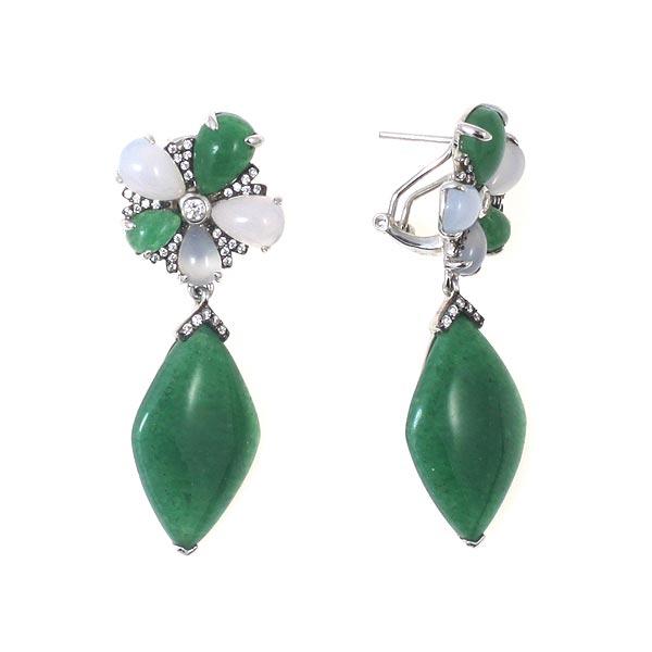 Серьги с авантюрином, фианитом и халцедоном из серебра