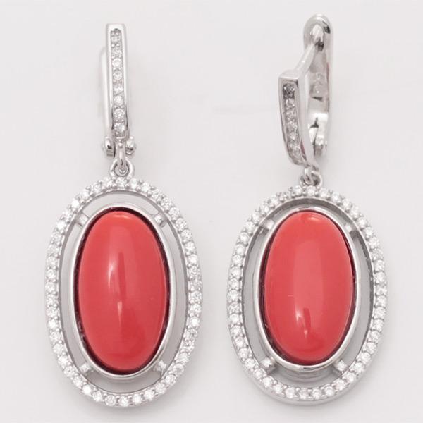 Серьги с кораллом и фианитом из серебра