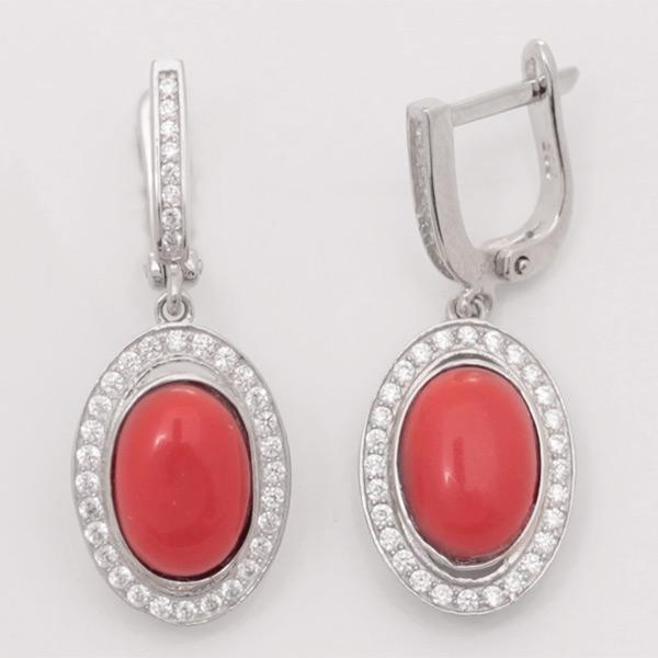 Серьги с кораллом и фианитом из серебра