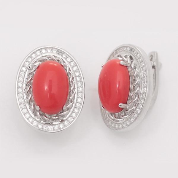 Серьги с кораллом и фианитом из серебра