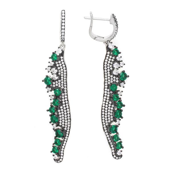 Серьги с изумрудом синтетическим, фианитом из Серебра